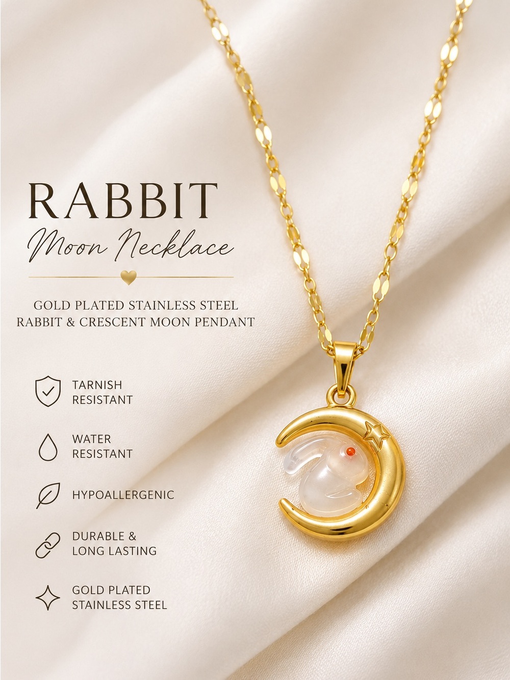 Rabbit Crescent Moon Pendant Necklace on Gold Plated Stainless Steel - New